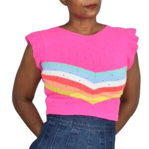 Pink Pointelle Sweater Vest Flutter Sleeve Chevron Rainbow ColorBlock Size Small